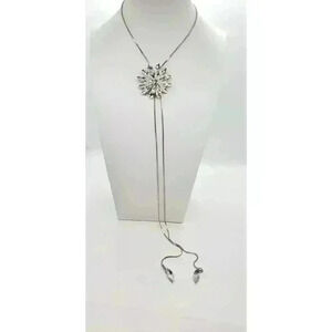 Long Rhinestone Flower Lariat Necklace Adjustable With Slide Bolo Tie